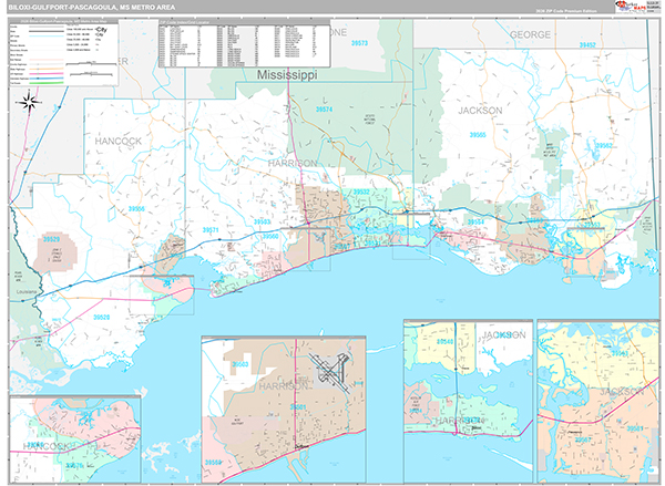 Biloxi-Gulfport-Pascagoula, MS Metro Area Wall Map